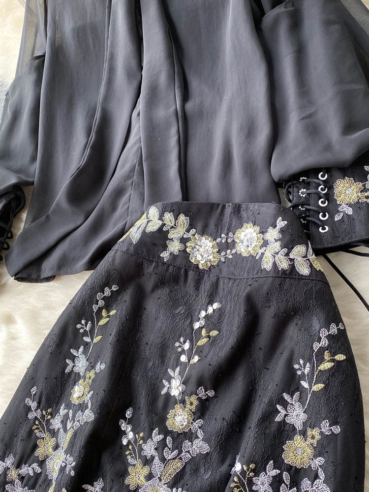 BLK Collar Bow Puff Sleeve Top + Floral Print Skirt Suit