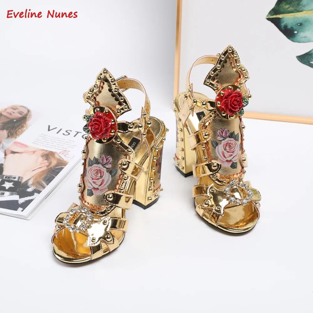 Gold Rhinestones Thin Round-Toe Ankle Strap Women's High Heels