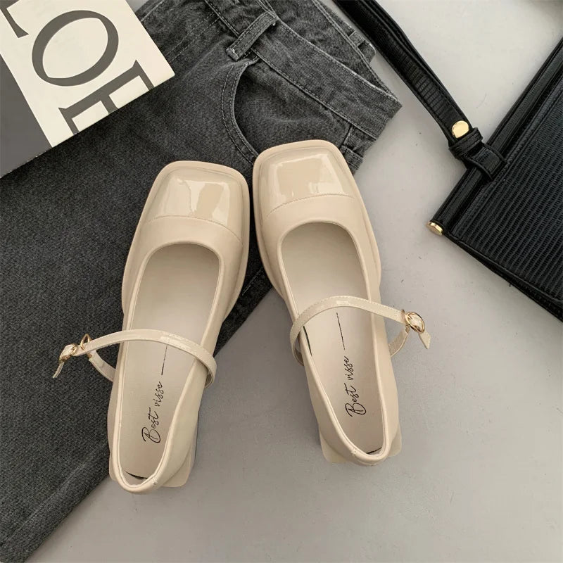 Buckle Square Head Toe Mid Heel Elegant Woman Pumps