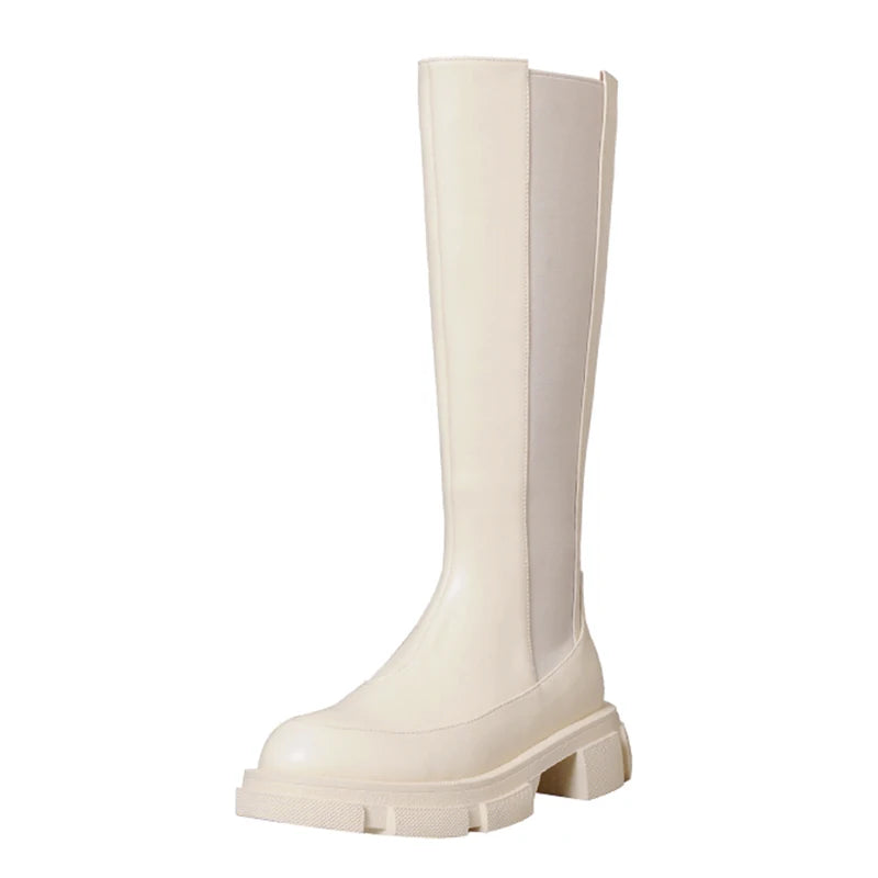 WHITE |BLK Knee High Thick Bottom Genuine Leather Boots