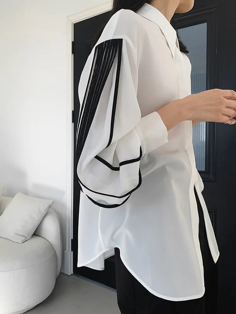 Striped Blouse Lapel Lantern Sleeve BLK + WHITE Patchwork Loose Casual Blouse