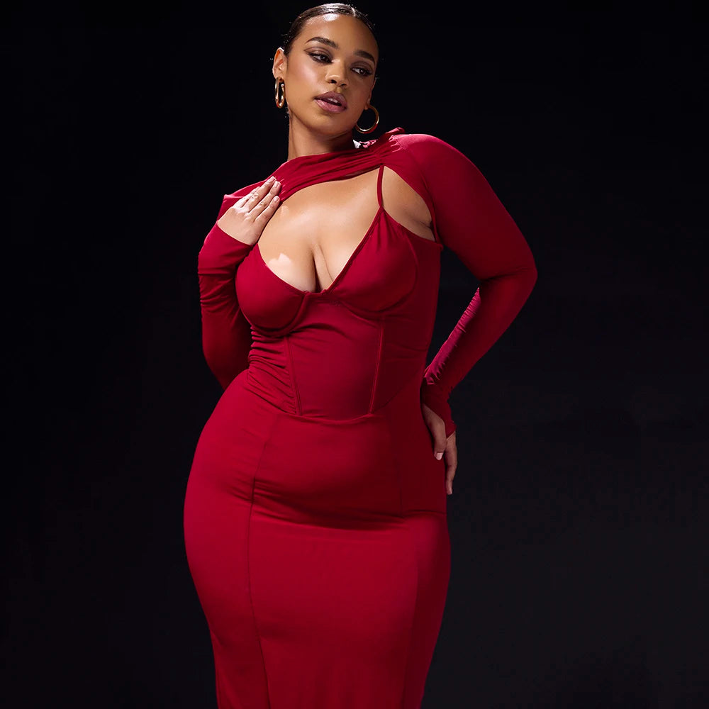 Red Wine Hollow Out Bandage Bodycon Dress