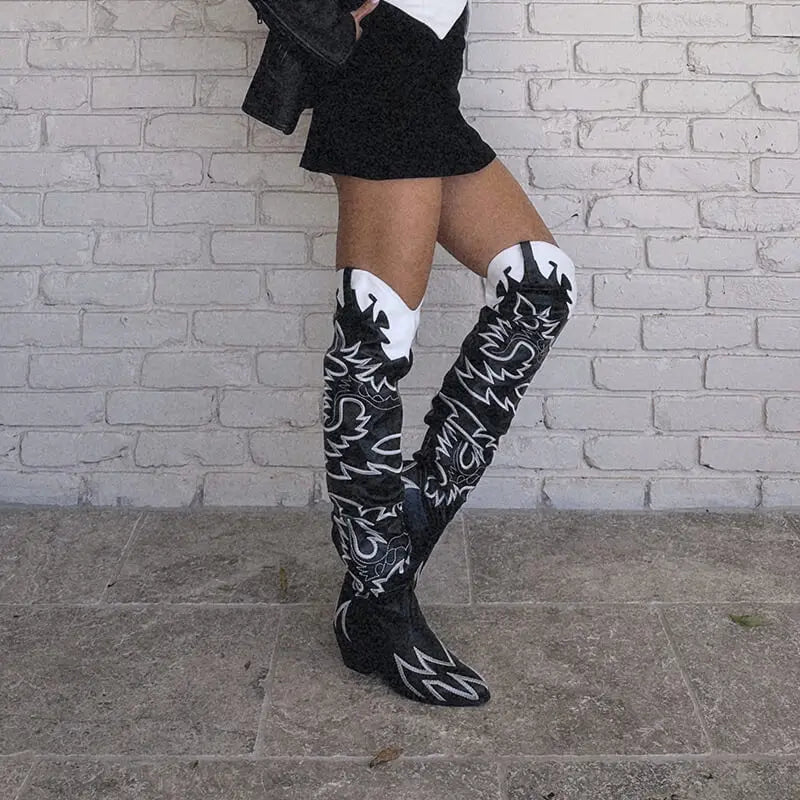 Knee High Western Cowgirl Embroidered Pointed Toe Block BROWN + BLK Heel Boots