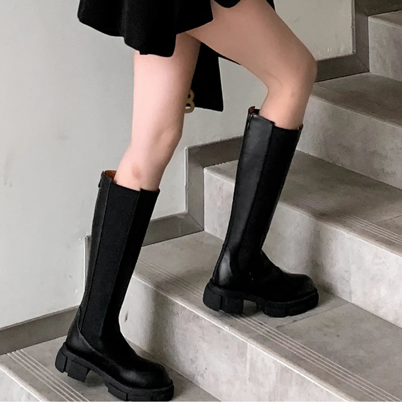 WHITE |BLK Knee High Thick Bottom Genuine Leather Boots