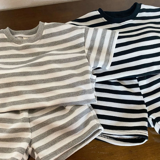 Siblings Striped Boys + Girls T Shirts + Shorts 2pc Suit Sports Set