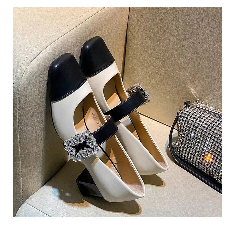 Rhinestone Square Toe Retro Chunky High Heel Pumps