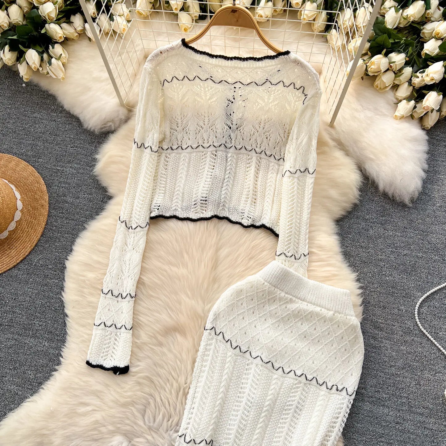 One-Size Knitted Short Cardigan Top + Slim Fishtail Skirt 2pc Suit