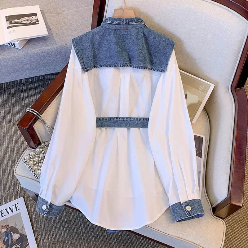 Polo-Neck Oversized Denim Patchwork One Piece Long Sleeve Blouse