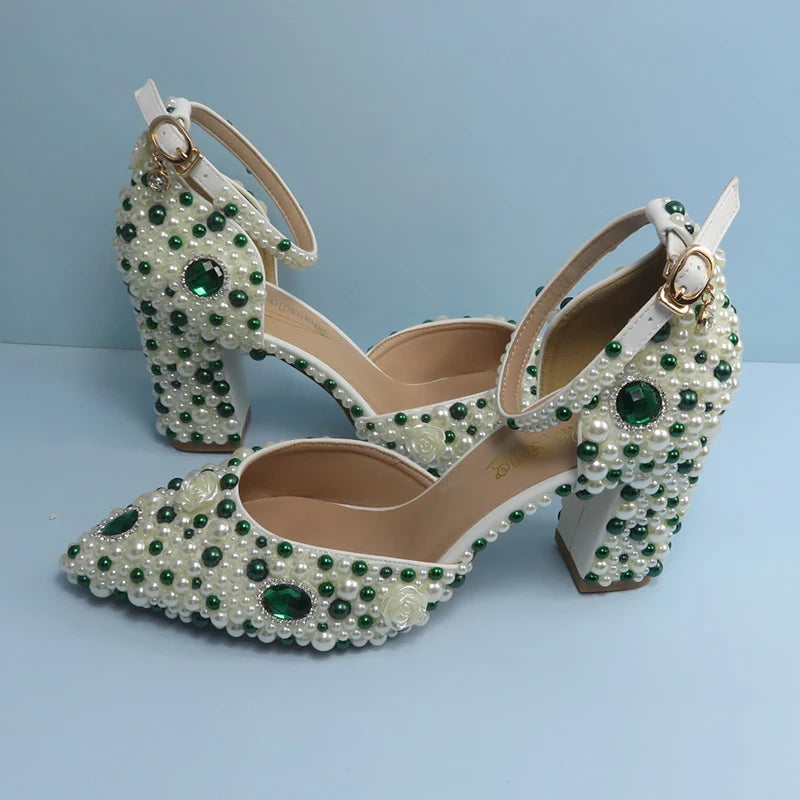 White |Green Pearl Shoes + Handbag High Heels Set