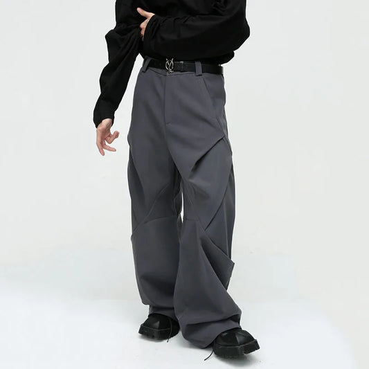 Pleated Niche Design Splice Loose Casual Baggy GREY + BLK Pants