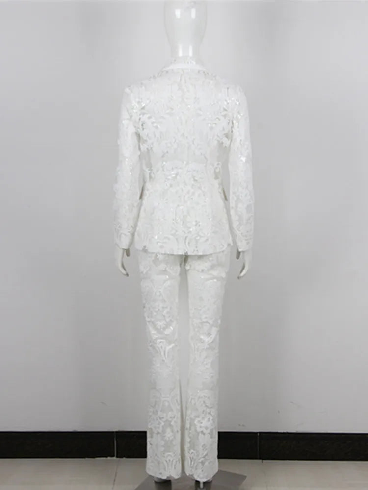 White Lace Embroidery Long Sleeve Blazer + Flare Pants 2pc Set