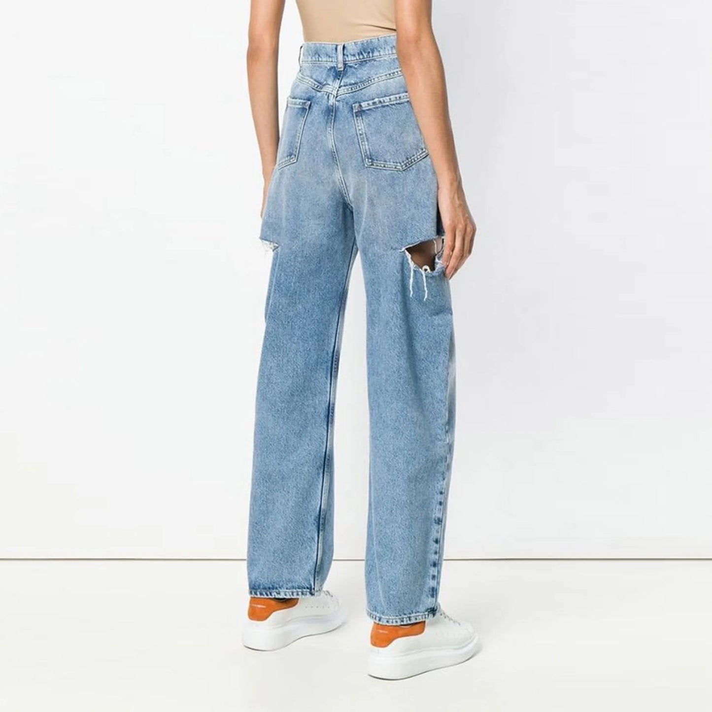 Retro High Waist Straight Leg Side Distressed Blue Jeans