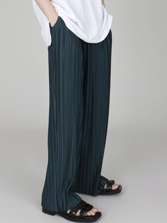 Chic Ice Silk Pleated Wide Leg Elastic Waist Causal Loose Trousers