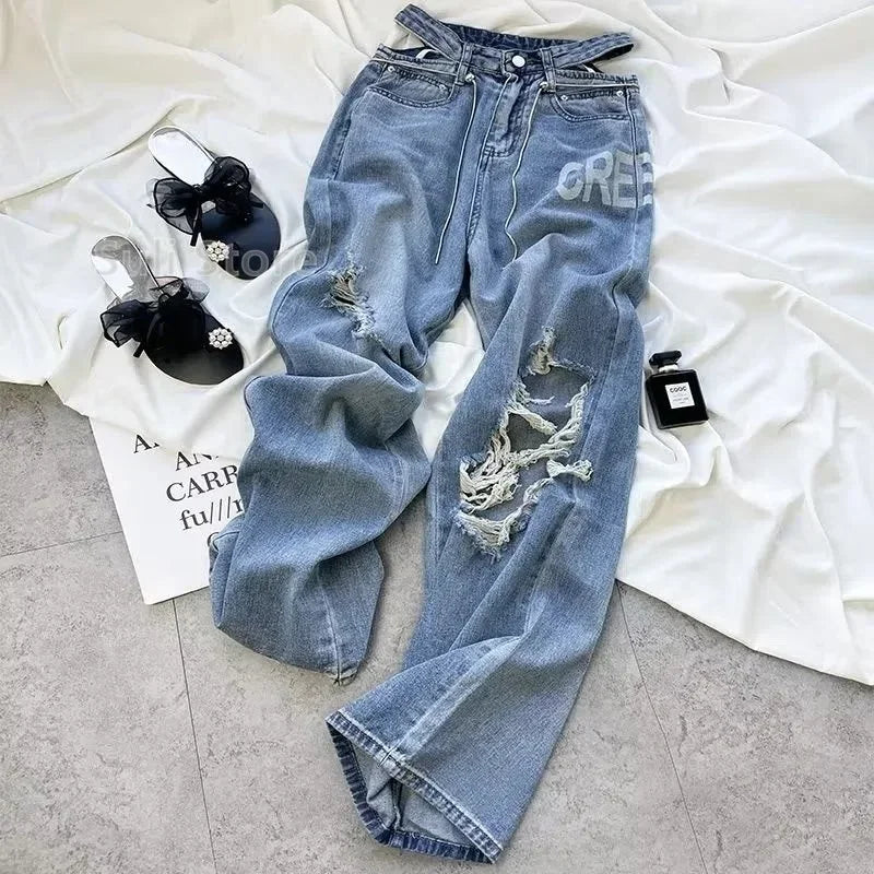 Women's Baggy Hollowed Waist Ripped Jeans