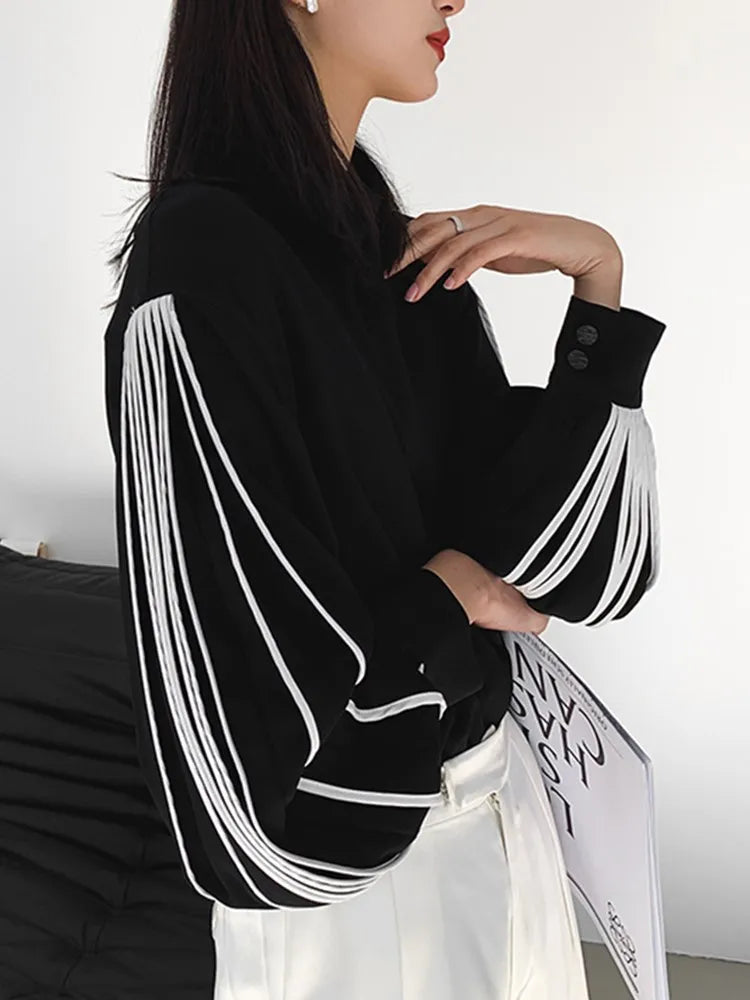 Striped Blouse Lapel Lantern Sleeve BLK + WHITE Patchwork Loose Casual Blouse