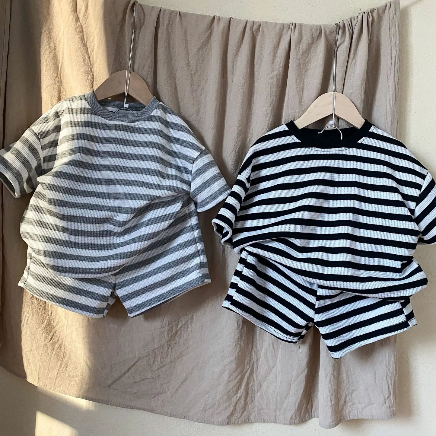 Siblings Striped Boys + Girls T Shirts + Shorts 2pc Suit Sports Set