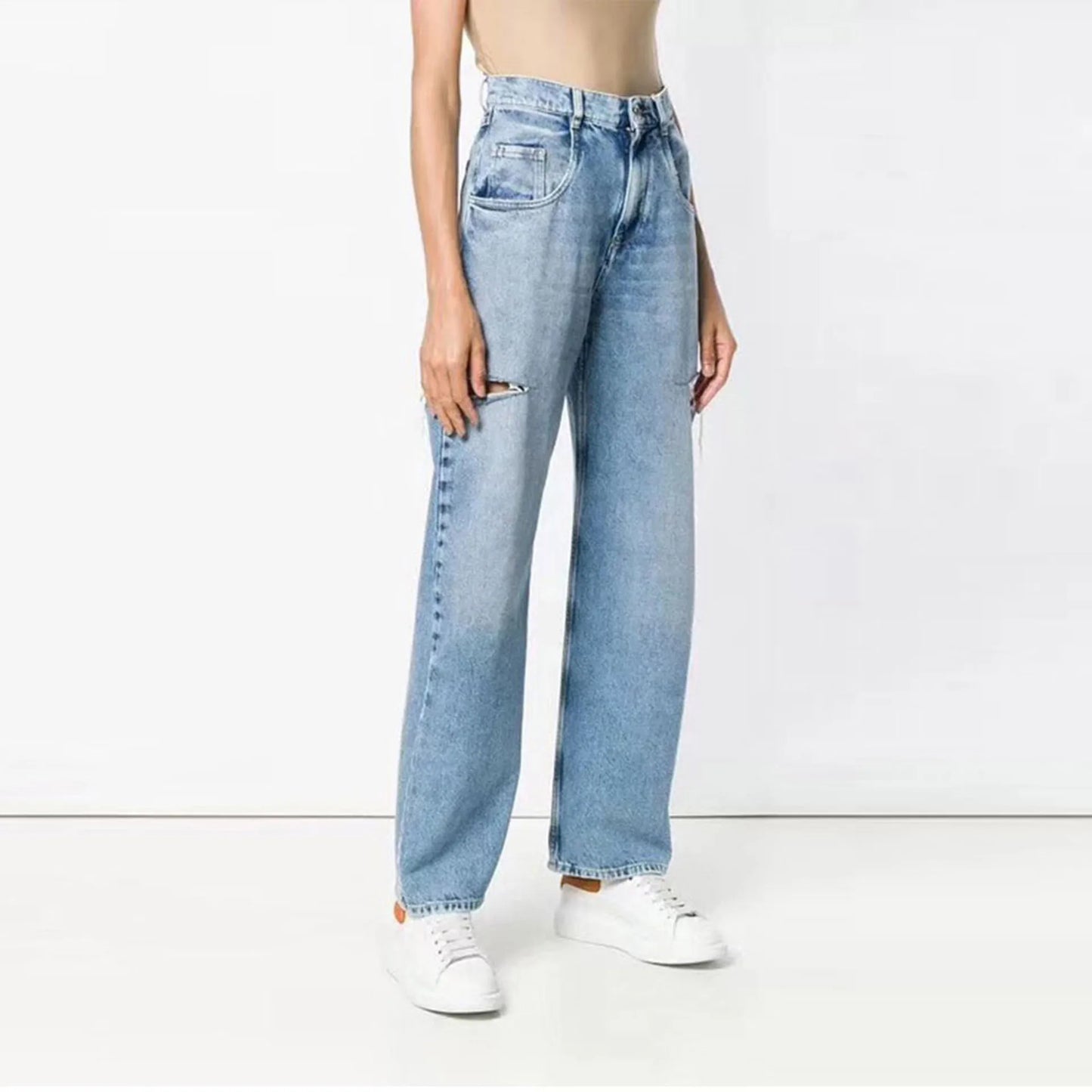 Retro High Waist Straight Leg Side Distressed Blue Jeans