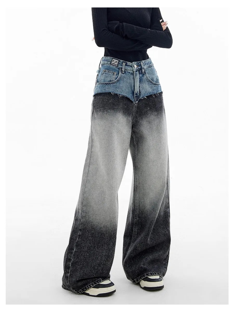 Women's Retro Two-Tone Wide Leg Baggy Denim Trousers