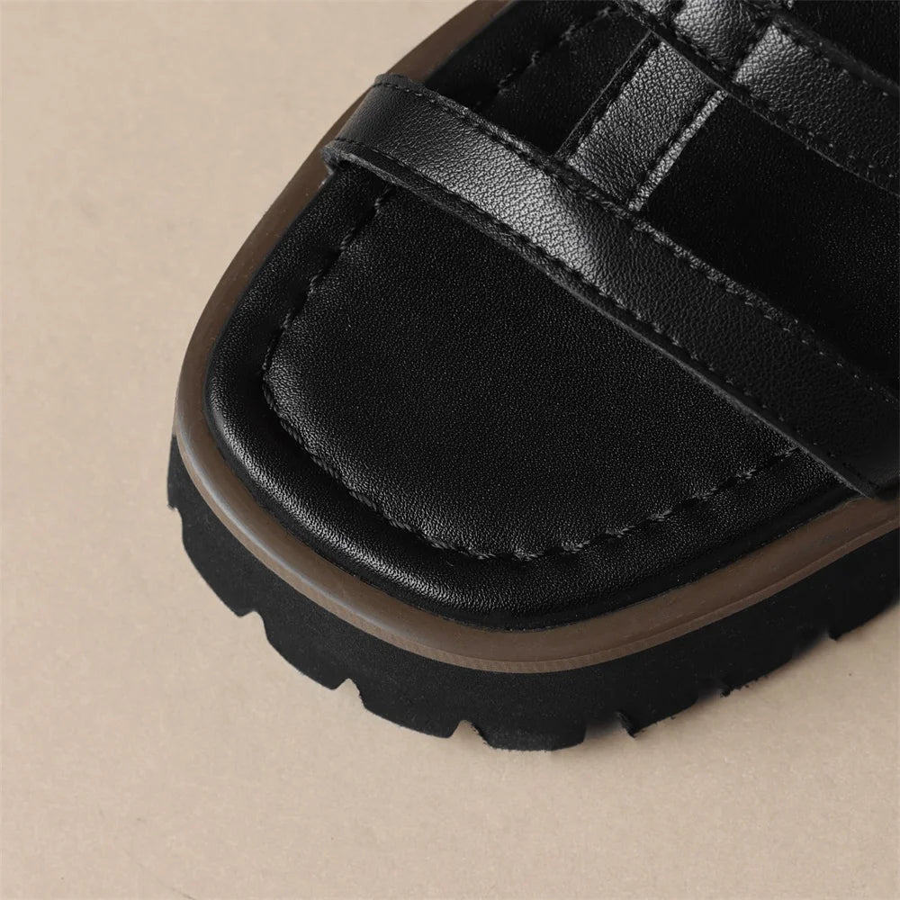 Retro BLK + BRWN Genuine Leather Open Toe Zipper Ankle Strap Shoes