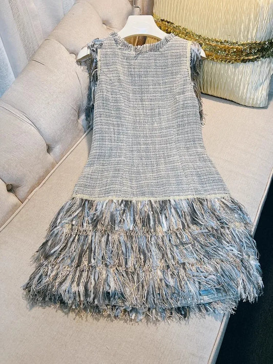 Blue French Tassel Sequined Sleevelss A-Line Tweed Dress