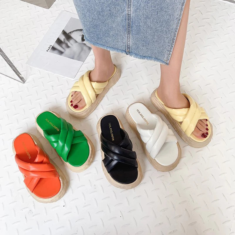 Candy Colored Cross Band Platform Slippers