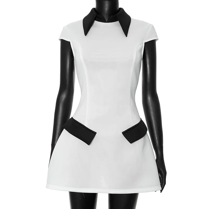 WHITE Lapel Colla Short Sleeve Mini Dress