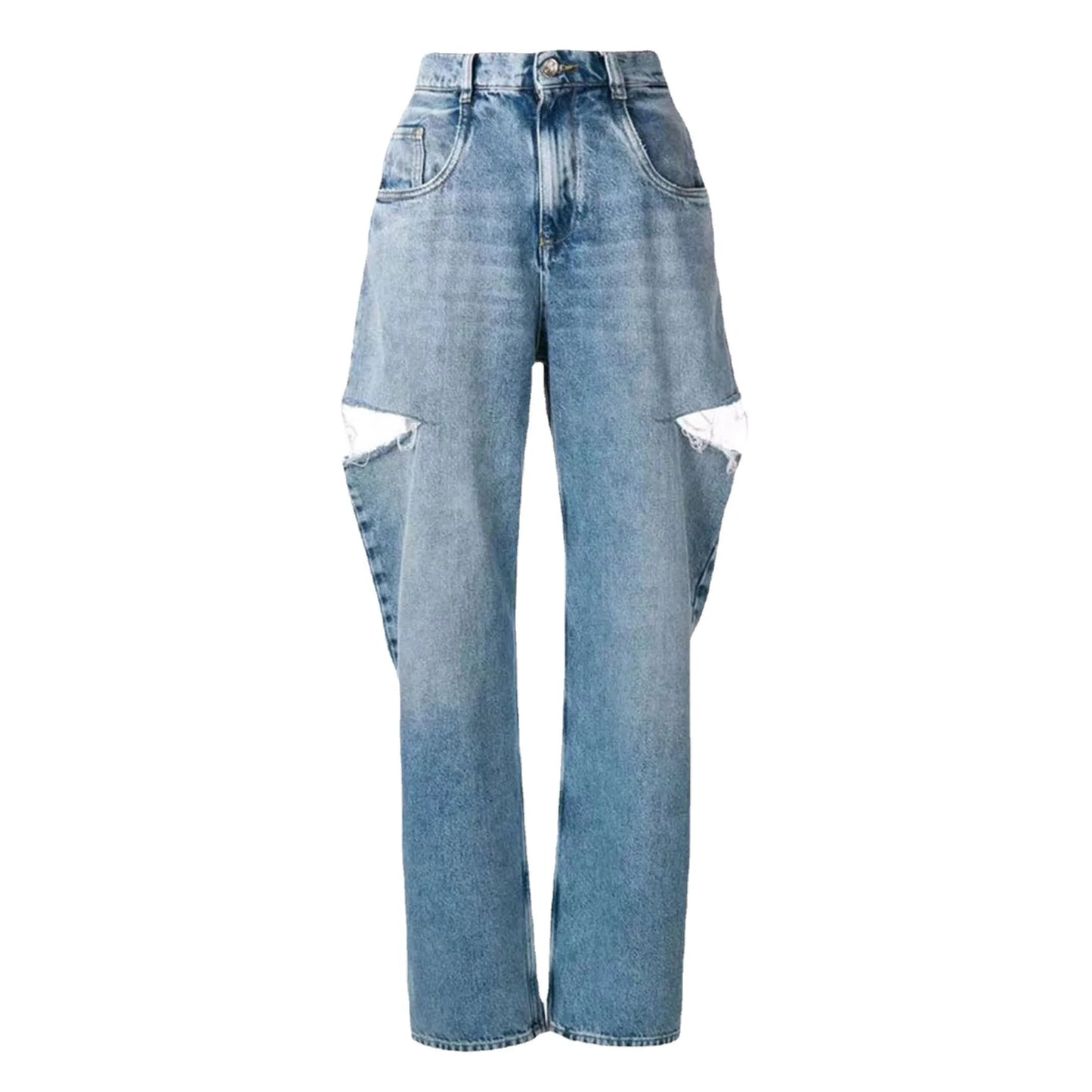 Retro High Waist Straight Leg Side Distressed Blue Jeans