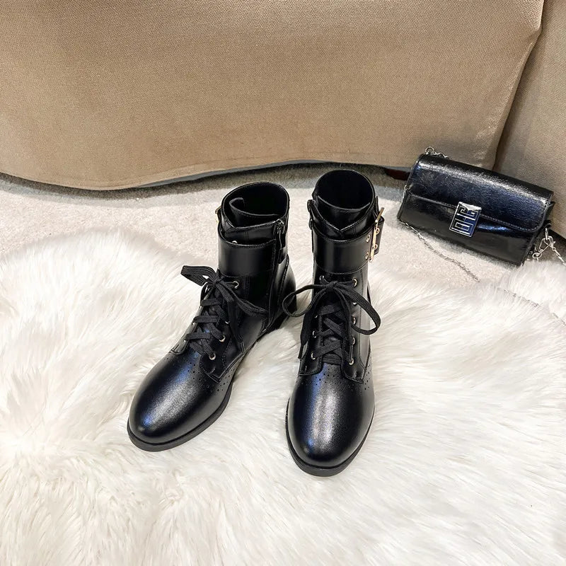 Women's Black Lace-Up Heel Buckle Boots