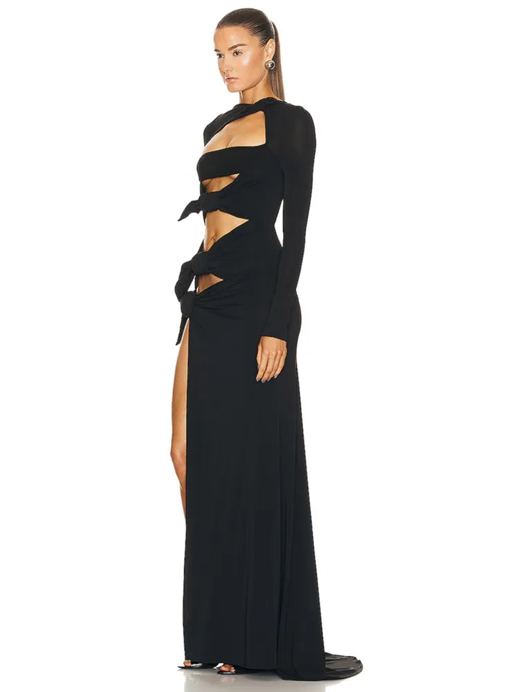 Long Sleeve Bow Tie Cut Out Black Maxi Gown