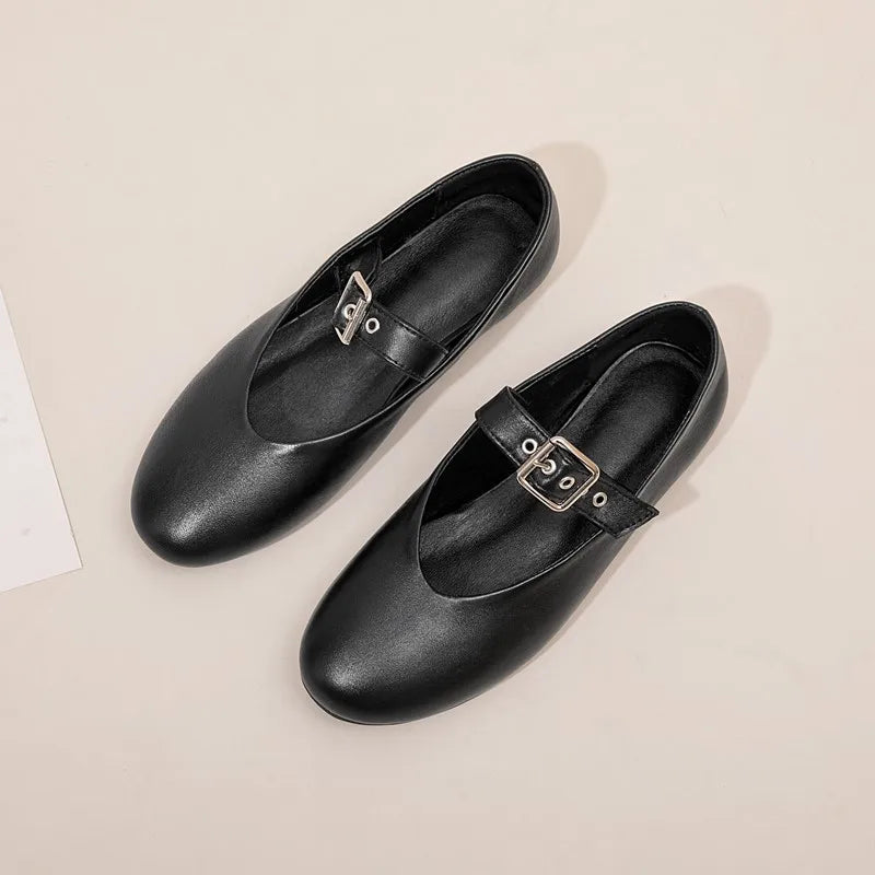 Genuine Leather Vintage Buckle Women's Pointed Toe BLK + CREAM Ballet Flats