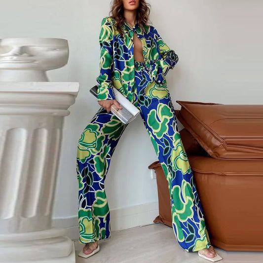 Retro Loose Long Sleeve Straight Pants 2pc Set Sleepwear