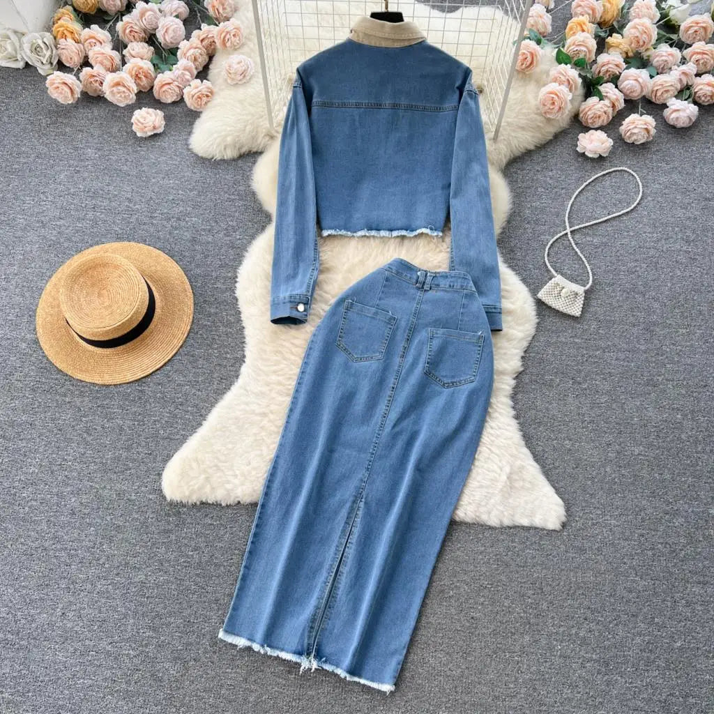 Denim Lapel Cropped Coat + Full-Length Skirt 2pc Set