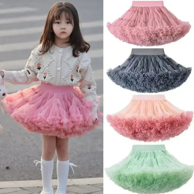 Girl's Lace Fluffy Ruffled Chiffon Solid Assorted Colors Tutu Pettiskirt