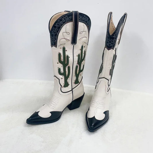 Vintage Cactus Embroidery Western Cowgirl Pointed Toe Boots