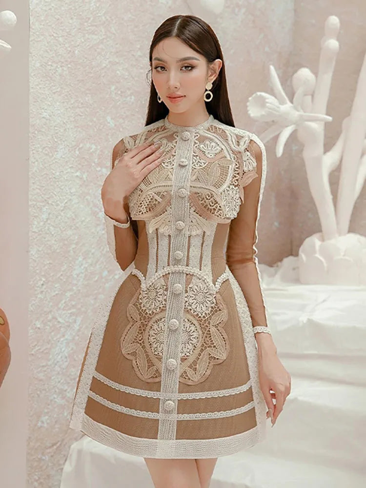 Women's Dress O-neck Long Sleeve Embroidery Waist Patchwork