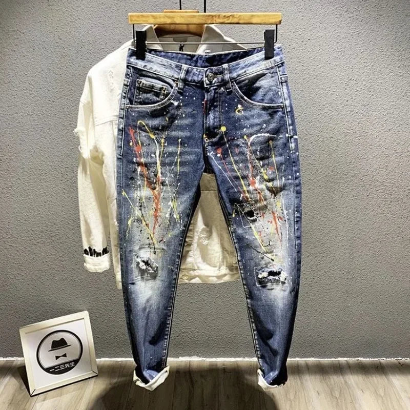 Graphic Assorted Styles Cropped Elastic Men's Blue Jeans