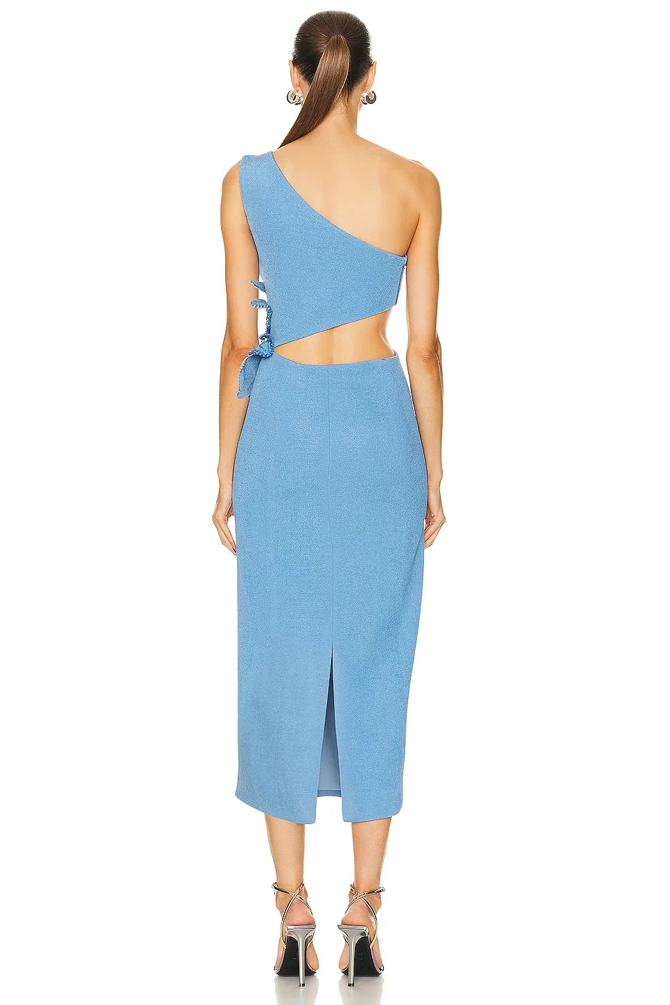 Sky Blue Asymmetrical Shoulder Hollow Out Bodycon Midi Dress