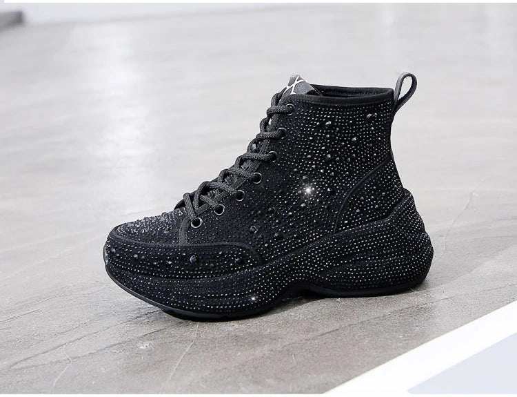 Rhinestone Genuine Leather BLK + WHITE Designer High-Top Sneakers