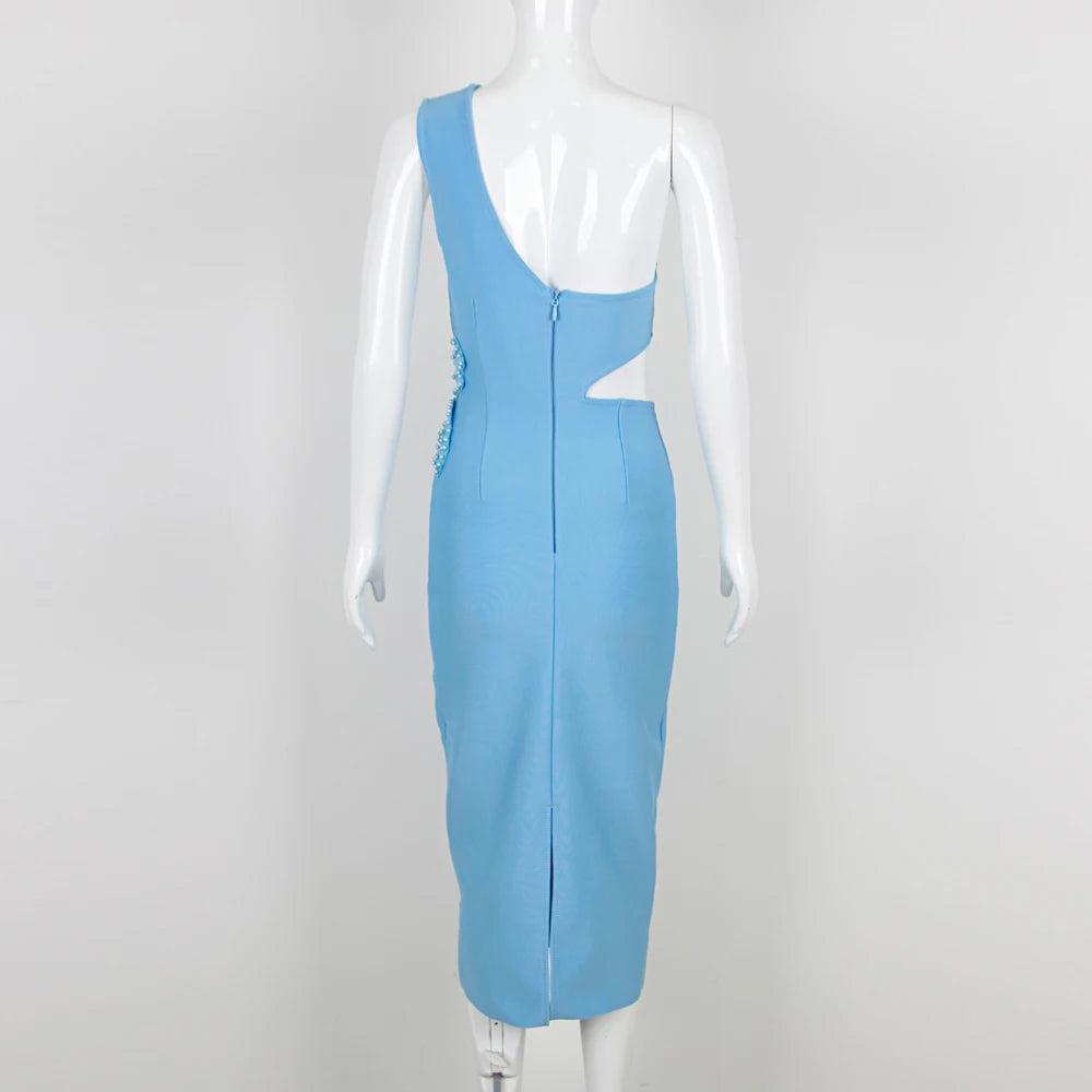 Sky Blue Asymmetrical Shoulder Hollow Out Bodycon Midi Dress