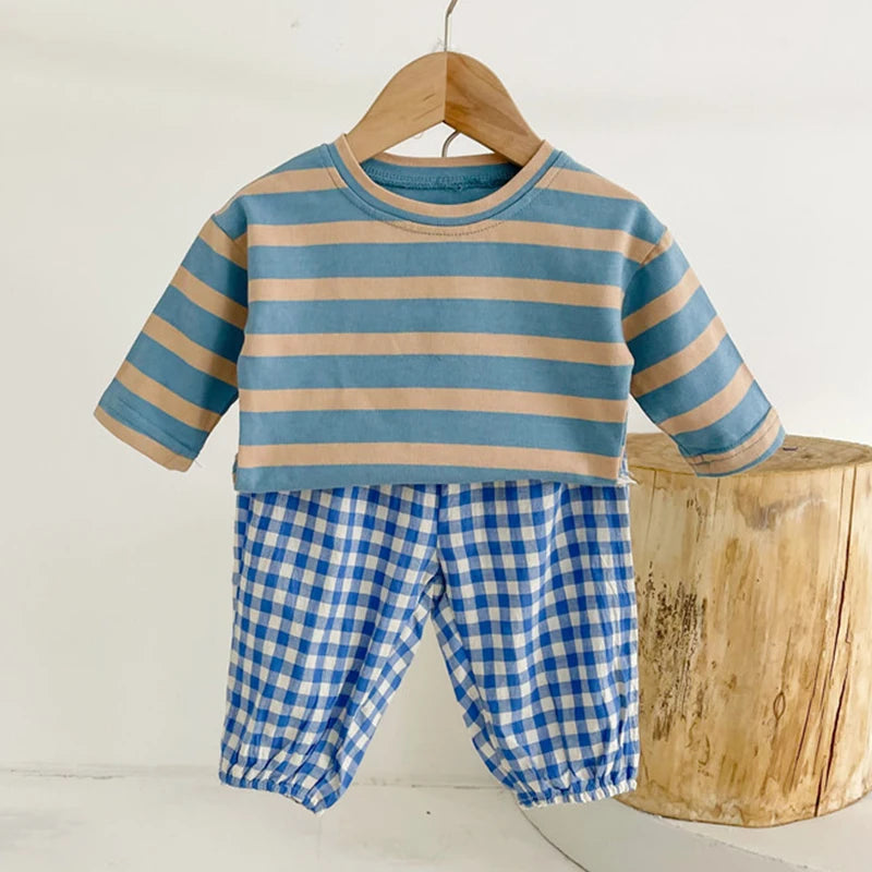 Infant Long Sleeve Stripe T-shirt + Grid Pants Set