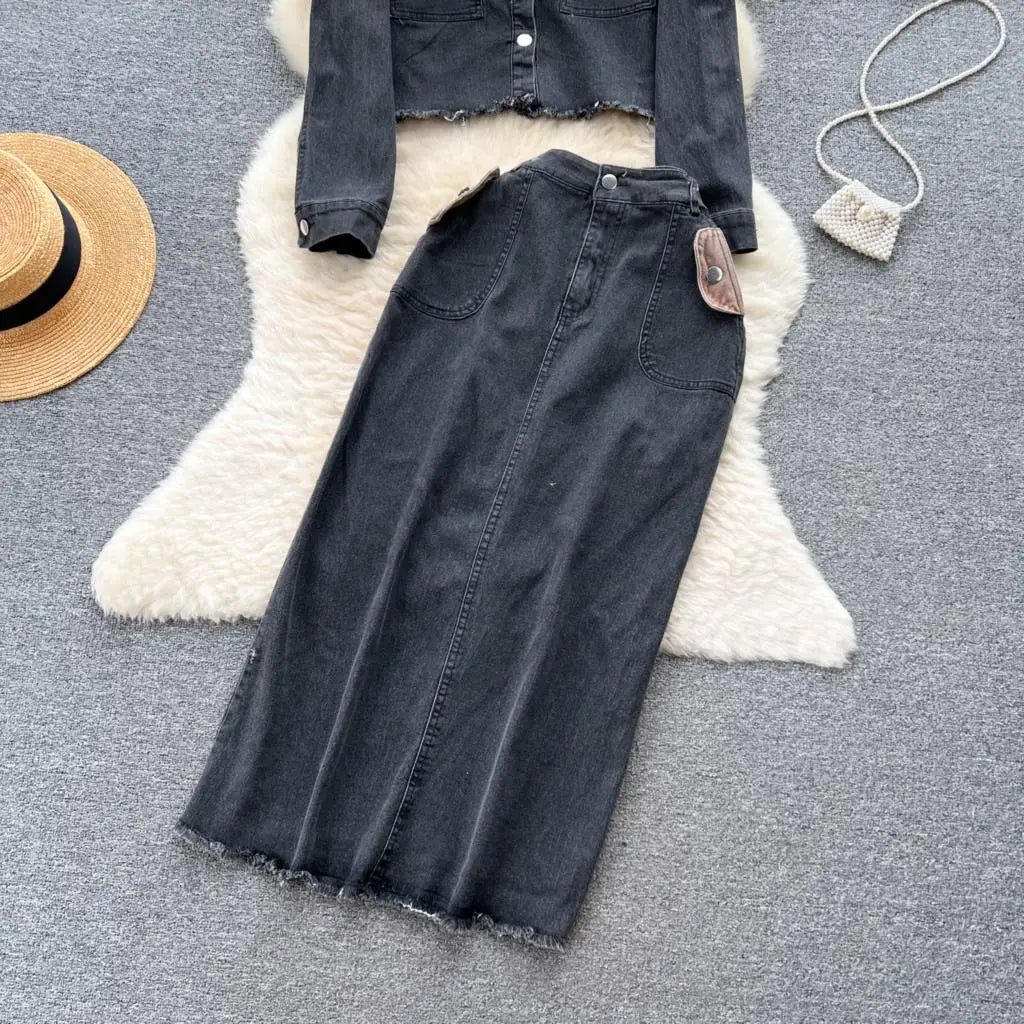 Denim Lapel Cropped Coat + Full-Length Skirt 2pc Set