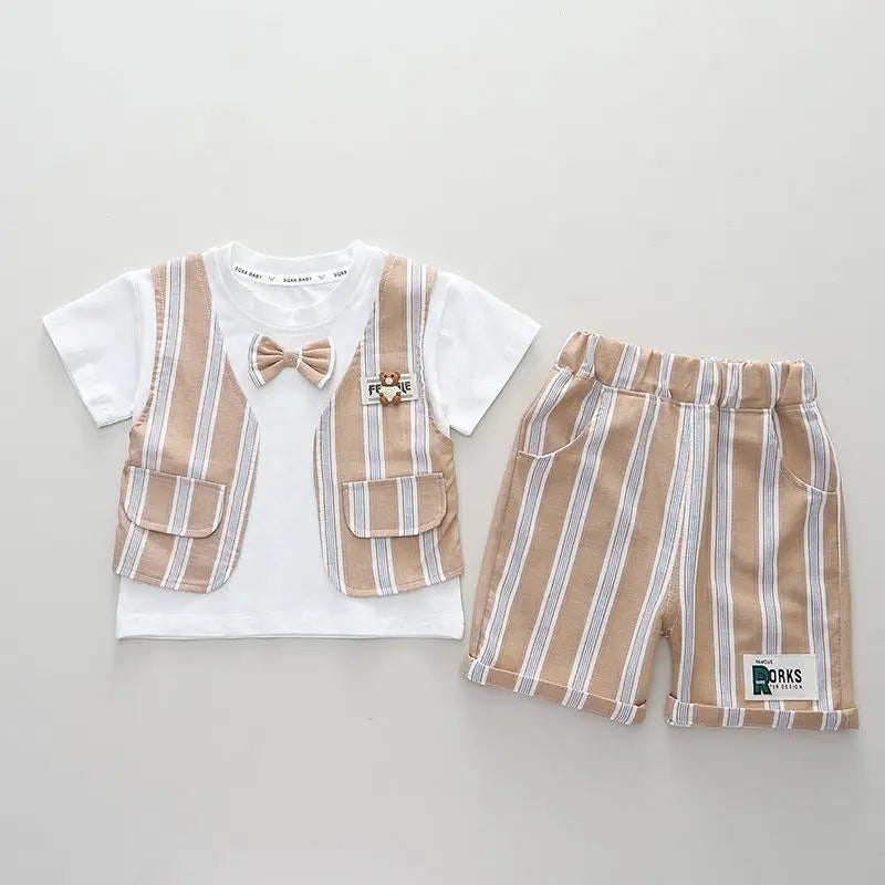 Boys Bow Tie Patchwork Shirt Short Pants 2pc Set