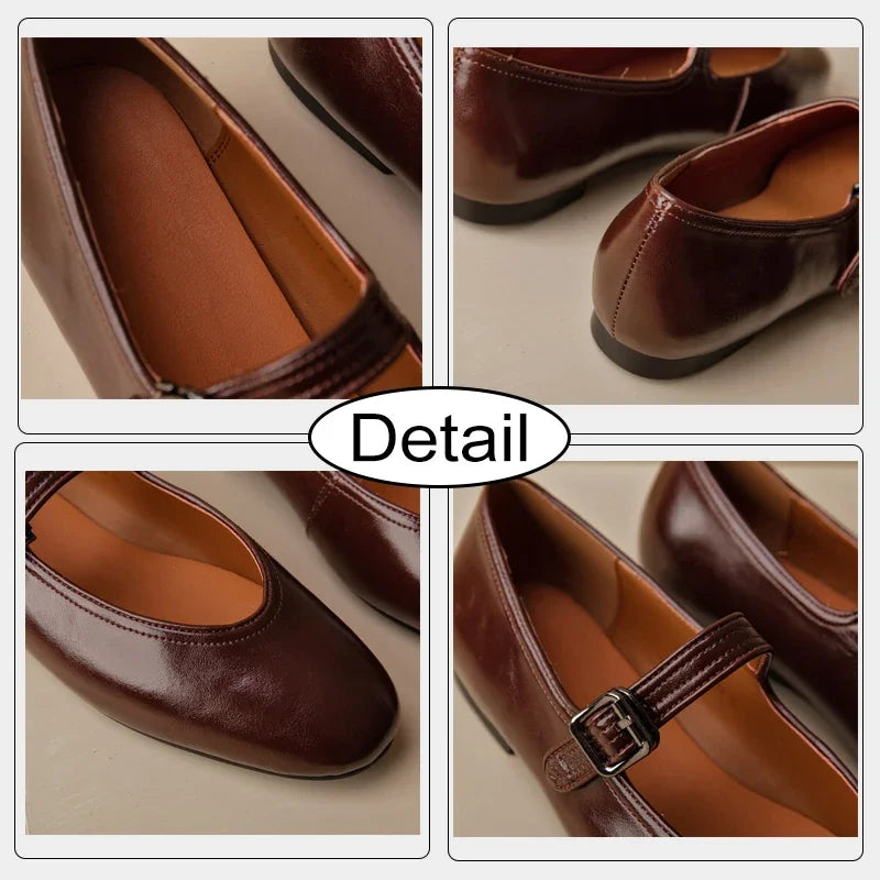 Ballet Flats Shoes Real Leather Buckle Strap Casual Loafers Low Heels