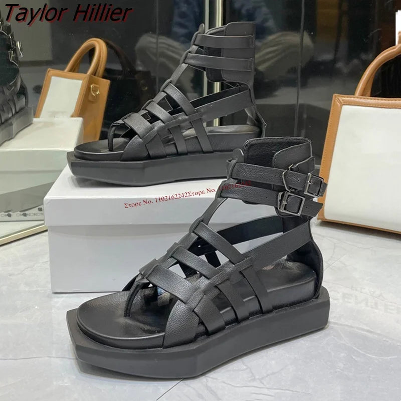 Open-Toe Thick-Soled Leather Flip-Flop High-Top Roman Sandals