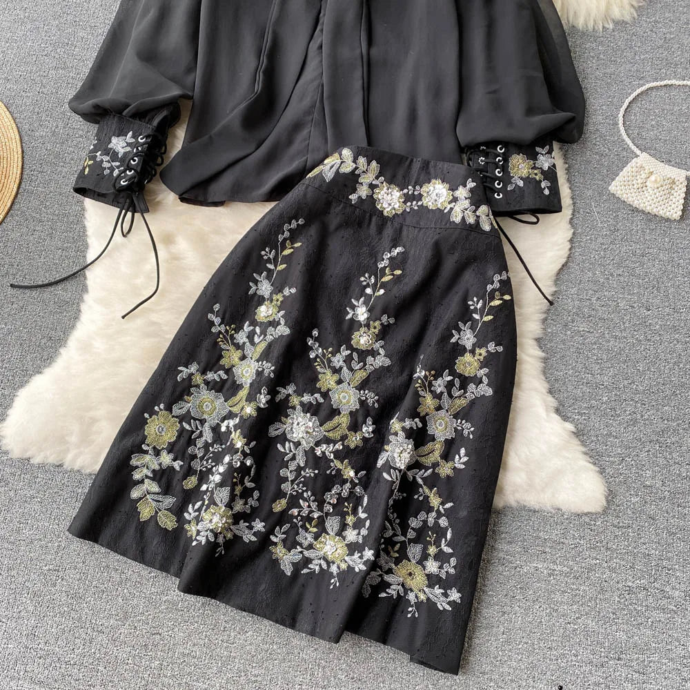 BLK Collar Bow Puff Sleeve Top + Floral Print Skirt Suit