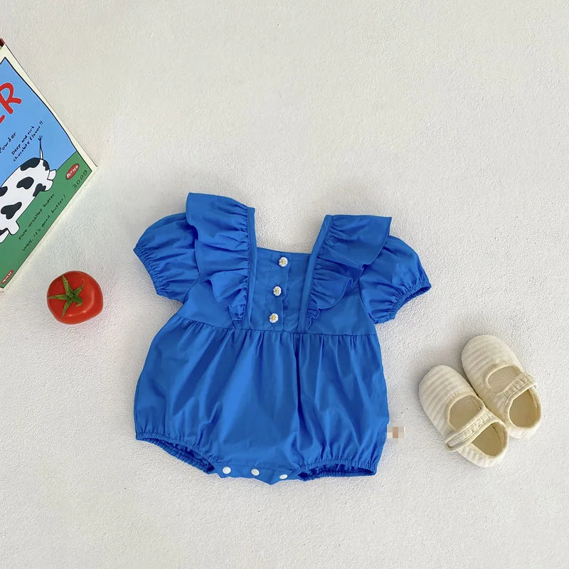 Blue Ruffled Sleeve Buttoned Bodysuit