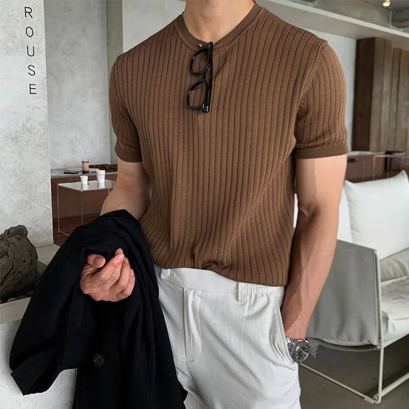 Slim Fit Knit Round Neck Stripe Short Sleeve Solid Vintage Shirt