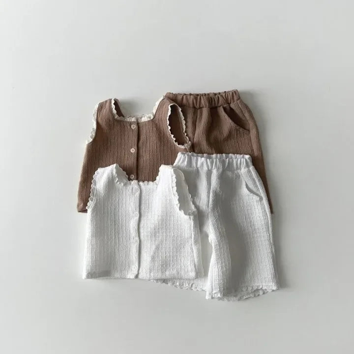 Girls Lace Ruffle Sleeveless Vests + Cropped Trousers