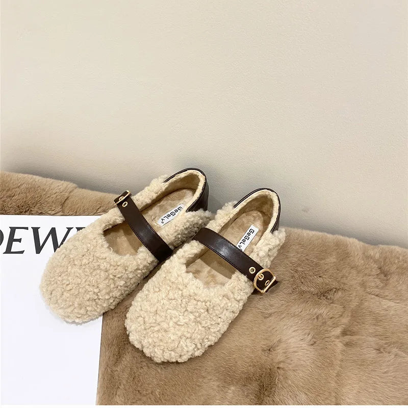 Women's Ballet Loafer Lambhair Shallow Slip On Fur Shoes