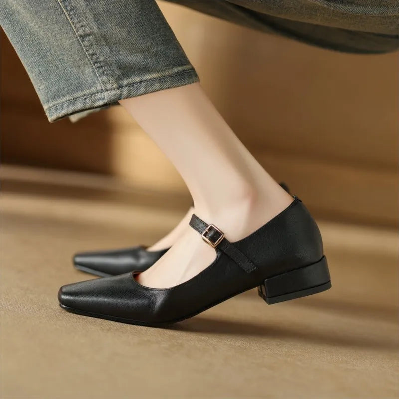 BLK + Leopard Square Toe Genuine Leather Buckle Strap Low Thick Casual Heel